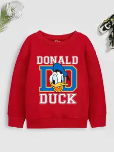 YK Disney Boys Red Donald Duck with Varsity Typography Printed Sweatshirt