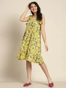 Sangria Teen Girls Yellow & Blue Floral Print Fit & Flare Dress
