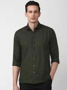 V Dot Men Olive Green Slim Fit Pure Cotton Casual Shirt