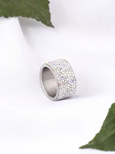 Yellow Chimes Women Silver-Plated White Crystals Studded Ring