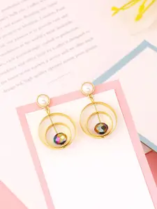 Yellow Chimes Women Gold Tone Pearl Crystal Circle Drop Earrings