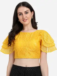 Amrutam Fab Women Mustard Yellow Embroidery Net Saree Blouse