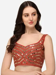 Amrutam Fab Women Red & Gold Embroidered Mirror Work Silk Saree Blouse