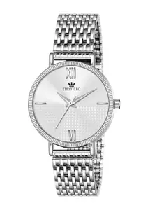 CRESTELLO Women Silver-Toned Brass Dial & Silver Toned Stainless Steel Textured Straps Analogue Watch CR-DZL106-SLV