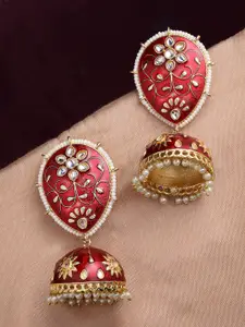 PANASH Maroon & Gold-Plated Dome Shaped Kundan Stone Jhumkas Earrings