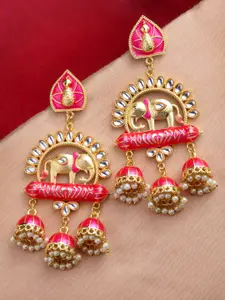 PANASH Pink & White Gold-Plated Animal Shaped Kundan Drop Earrings