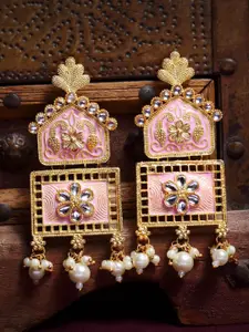 PANASH Pink & White Gold-Plated Kundan Stone Square Drop Earrings