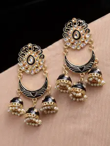 PANASH Black & Gold-Plated Crescent Shaped Kundan Jhumkas Earrings