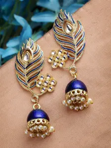 PANASH Blue & Gold-Plated Kundan Stone Leaf Shaped Jhumkas Earrings