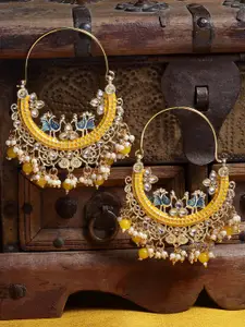 PANASH Yellow & Gold-Plated Kundan Crescent Shaped Hoop Earrings