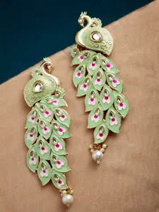PANASH Green & Pink Gold-Plated Kundan Stone Peacock Shaped Drop Earrings