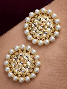 PANASH Gold-Plated & White Kundan & Pearls Stone Circular Shaped Stud Earrings
