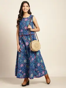 Sangria Teen Girls Blue & Pink Ethnic Motifs Print Ready to Wear Pure Cotton Lehenga Choli