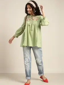 Sangria Teen Girls Mint Green & Orange Ethnic Motifs Yoke Embroidered Cotton A-Line Top