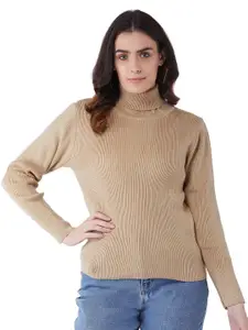 RVK Women Beige Ribbed Acrylic Pullover Sweater