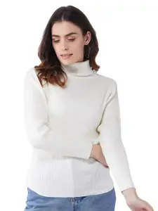 RVK Women Off White Ribbed Acrylic Pullover Sweater
