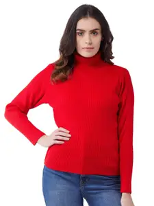 RVK Women Red Ribbed Pullover