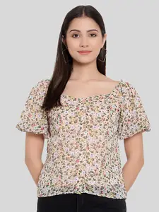 FNOCKS Women Peach Floral Print Square Neck Puff Sleeves Georgette Top
