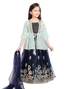 Tiny Kingdom Girls Blue & Gold-Toned Embroidered Ready to Wear Lehenga & Blouse With Dupatta
