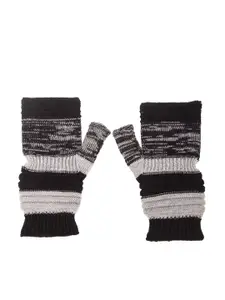 Bharatasya Men Black & Grey Striped Heathered Winter Mitten Gloves