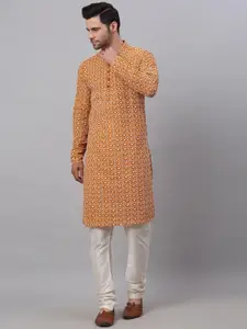 Jompers Jompers Men Floral Embroidered Pure Cotton Straight Kurta with Churidar