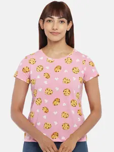 Dreamz by Pantaloons Women Pink & Yellow Printed Cotton Lounge T-shirts