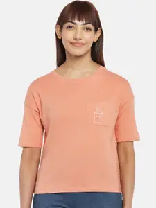 Dreamz by Pantaloons Women Orange Colored & White Printed Cotton Lounge T-shirts