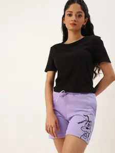 Kook N Keech Disney Teens Girls Lavender & Black Goofy Printed Pure Cotton Shorts