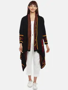 AKKRITI BY PANTALOONS Women Black & Red  Self Design Acrylic Longline Shrug