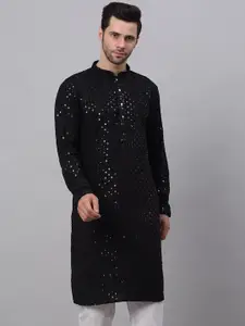 Jompers Men Black Floral Embroidered Sequined Cotton Kurta