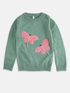 Pantaloons Junior Girls Green & Pink Embroidered Cotton Pullover