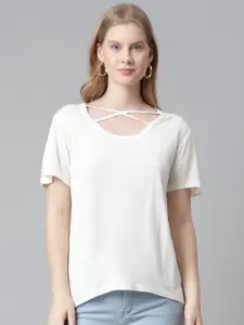 RIVI Women White Solid Cotton Criss-Cross Neck Top