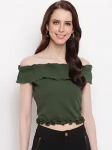RIVI Green Off-Shoulder Bardot Crop Top