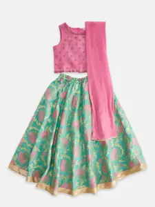 AKKRITI BY PANTALOONS Girls Pink & Green Ready to Wear Lehenga & Blouse With Dupatta Set