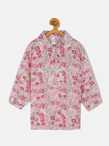 KiddoPanti White & Pink Floral Print Collar Neck Georgette Top