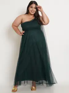 U&F Women Green One Shoulder Net Maxi Dress
