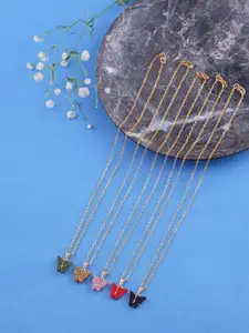 Brandsoon Pack Of 5 Gold-Toned & Pink Brass Gold-Plated Necklaces