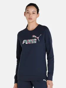 Puma Women Blue Graphic Crew Cotton Sweatshirt