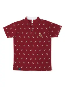 earth conscious Boys Maroon Printed Mandarin Collar T-shirt