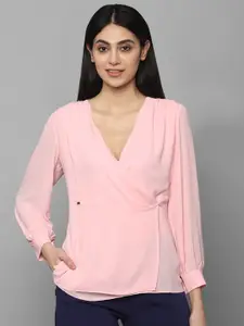 Allen Solly Woman Pink Solid V Neck Long Sleeves Wrap Top