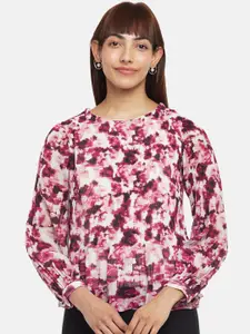 Annabelle by Pantaloons Women Pink Abstract Print Long Sleeves Peplum Top