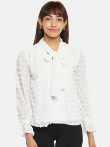 Annabelle by Pantaloons Women Off White Textured Full Sleeves Tie Up Neck Top