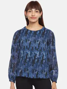 Annabelle by Pantaloons Women Blue And Black Abstract Print Long Sleeves Pleated Top