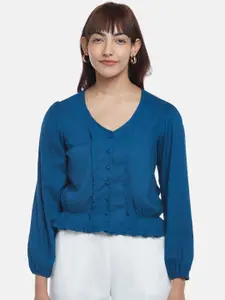 Honey by Pantaloons Women Blue Solid Puff Sleeves Casual Top