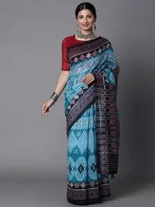 Mitera Blue & Off White Ethnic Motifs Silk Cotton Sambalpuri Saree with Matching Blouse