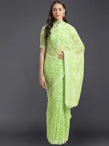 Mitera Green & Off White Floral Brasso Chanderi Saree with Matching Blouse