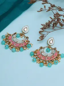 KARATCART Women Pink and Light Blue Meena Kundan Gold-Plated Classic Chandbalis Earrings