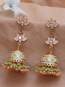 KARATCART Women Pink & Green Gold-Plated Kundan Classic Jhumkas Earrings