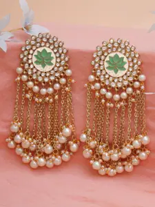 KARATCART Gold-Plated Lime Green & White Classic Kundan Drop Earrings