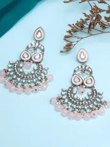 KARATCART Women Pink Oxidised Silver Pink Beads Kundan Classic Chandbalis Earrings